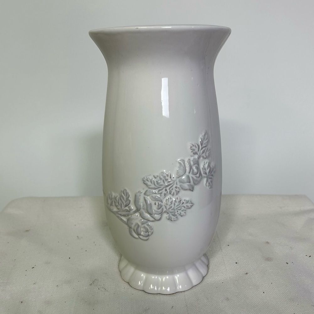 White Ceramic Vase Embossed Floral Pedestal Base Classic Decor 9 Inch